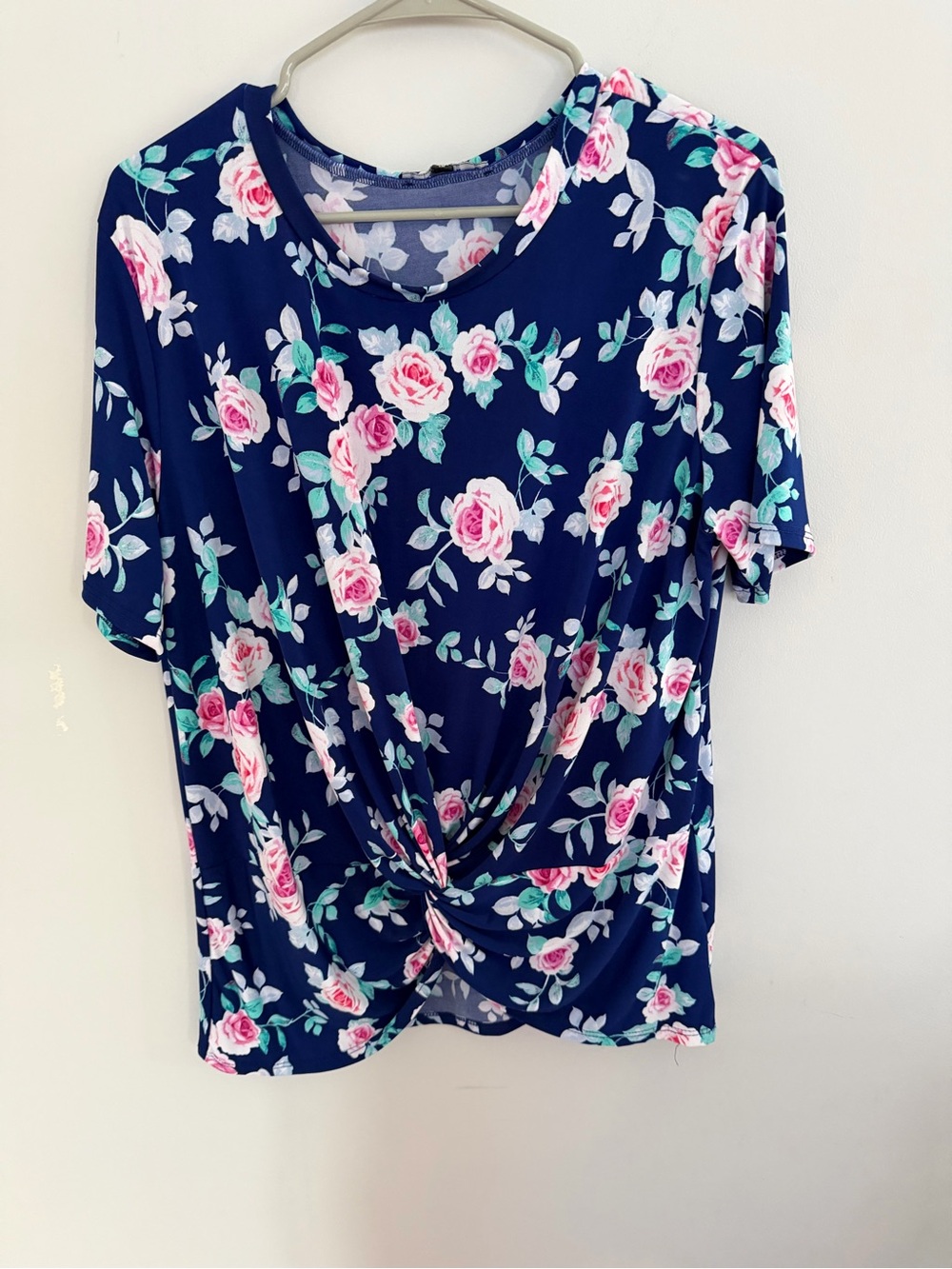 Tiana B. Navy Floral Twist-Front Short Sleeve Top